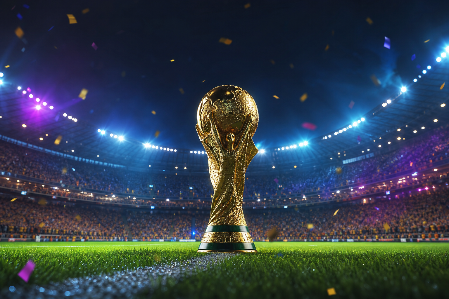 World Cup trophy on football pitch at night